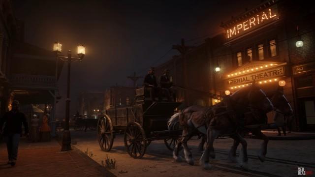 RedDead2 GameplayVideo Night Town Saloon HorseCarriage