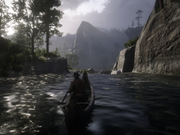 RDR2 GameplayVideoPart2 41 Radar ArthurMorgan Canoe River Landscape