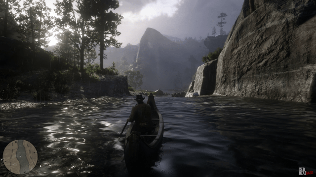 RDR2 GameplayVideoPart2 41 Radar ArthurMorgan Canoe River Landscape