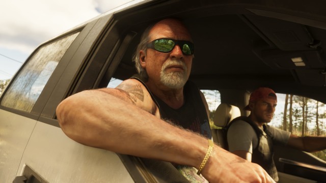 GTA VI screenshot with Brian and Jason sat in a car, Brian is looking out of the window wearing sunglasses