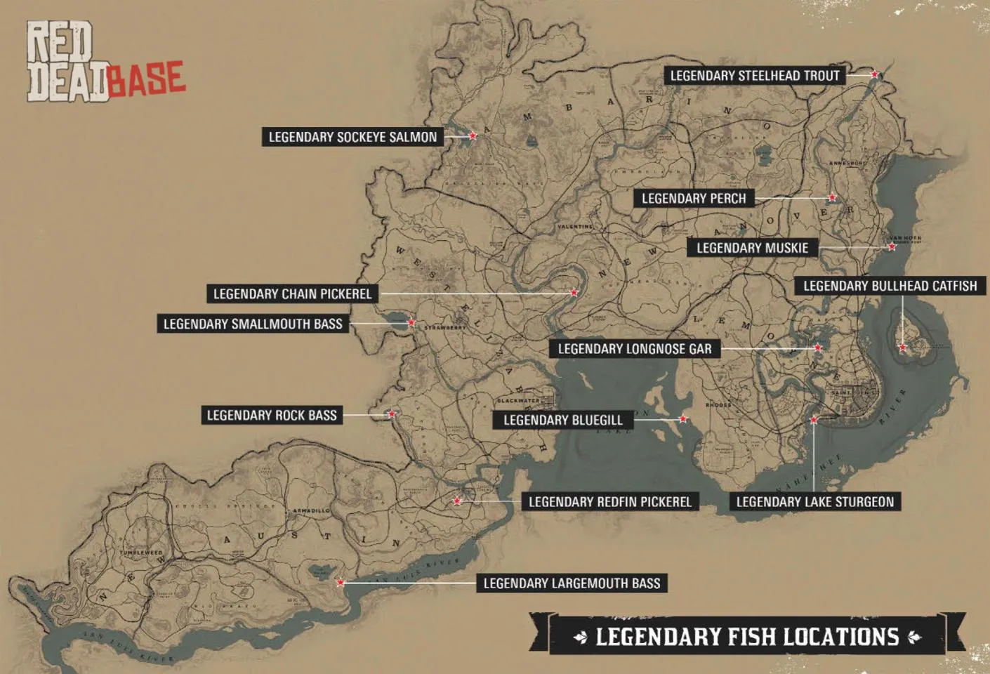 Red Dead Redemption 2 100% Completion - Legendary Fish Map